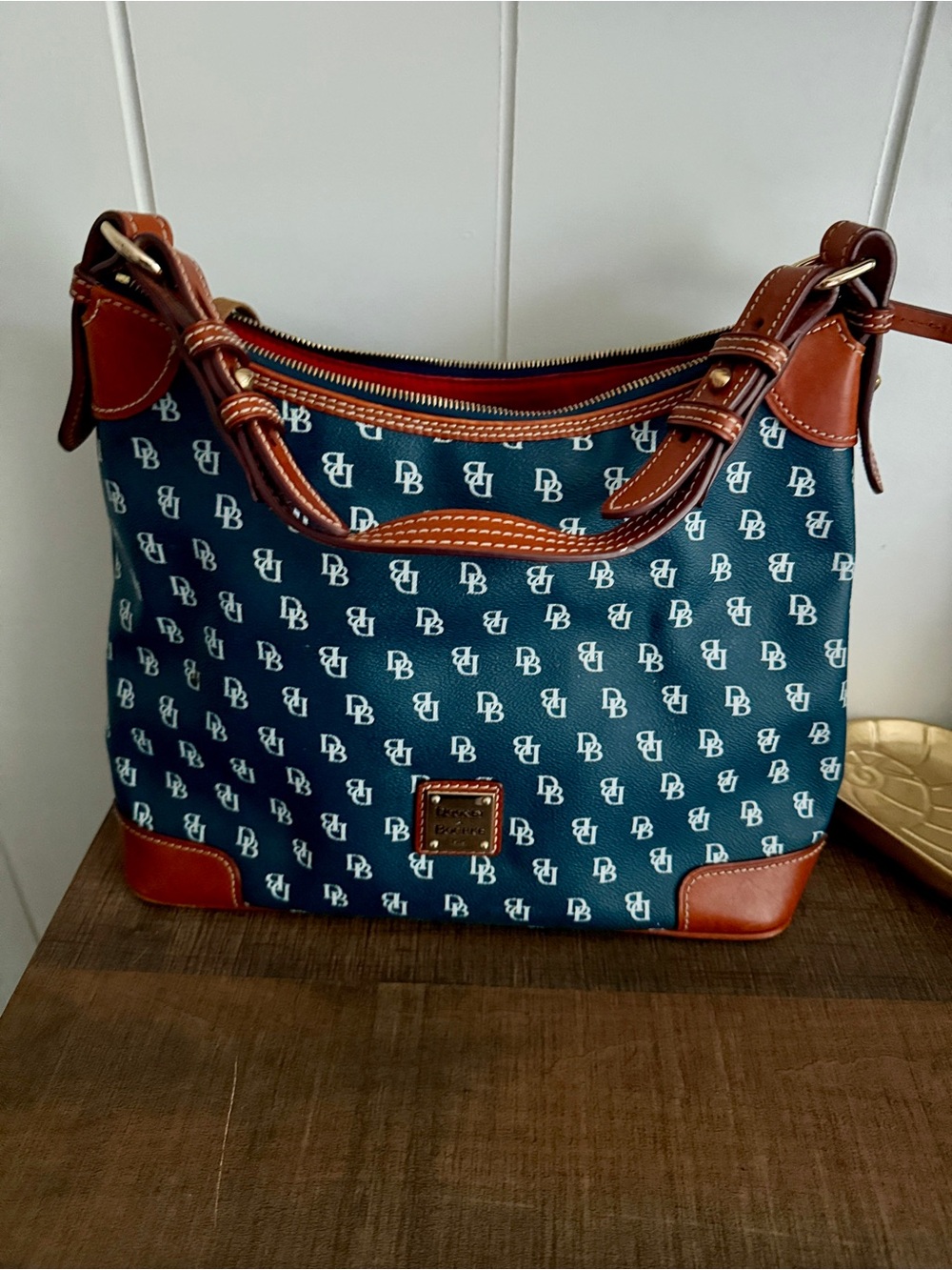 Dooney & Bourke Signature DB Monogram Blue Shoulder Hobo Bag Brown Leather Trim